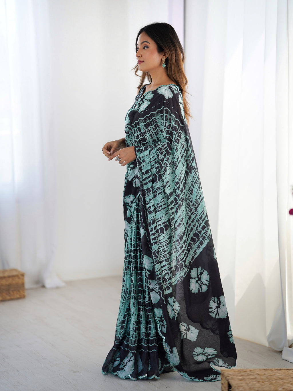 Jyoti Fashion Women's Sea Green Chinon Digital Printed Designer Saree with Blouse - Distacart