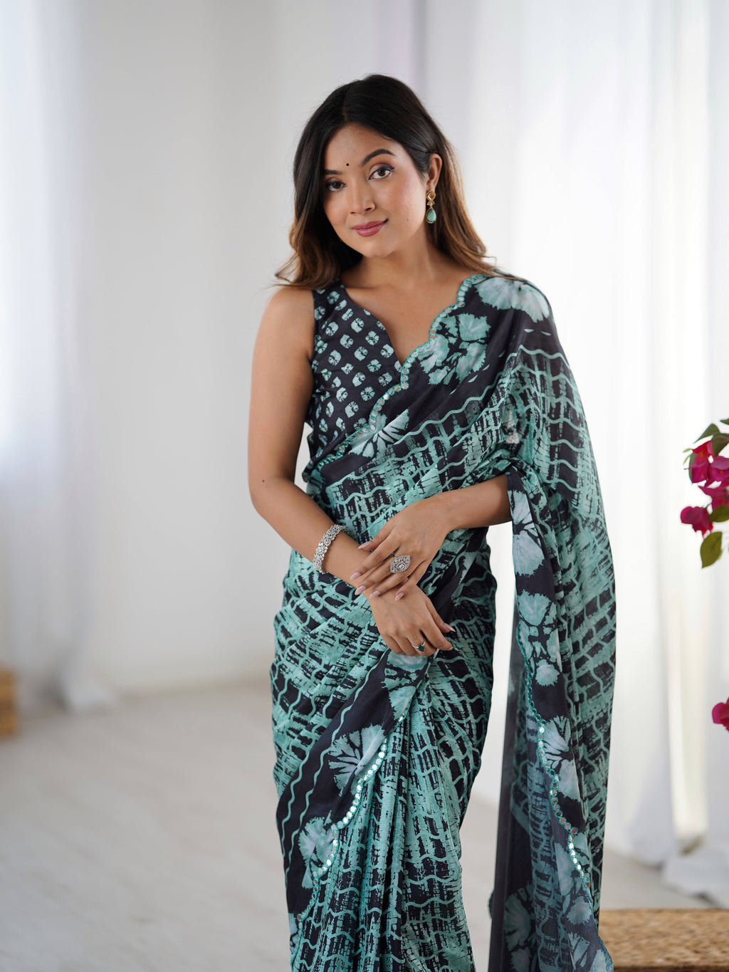 Jyoti Fashion Women's Sea Green Chinon Digital Printed Designer Saree with Blouse - Distacart