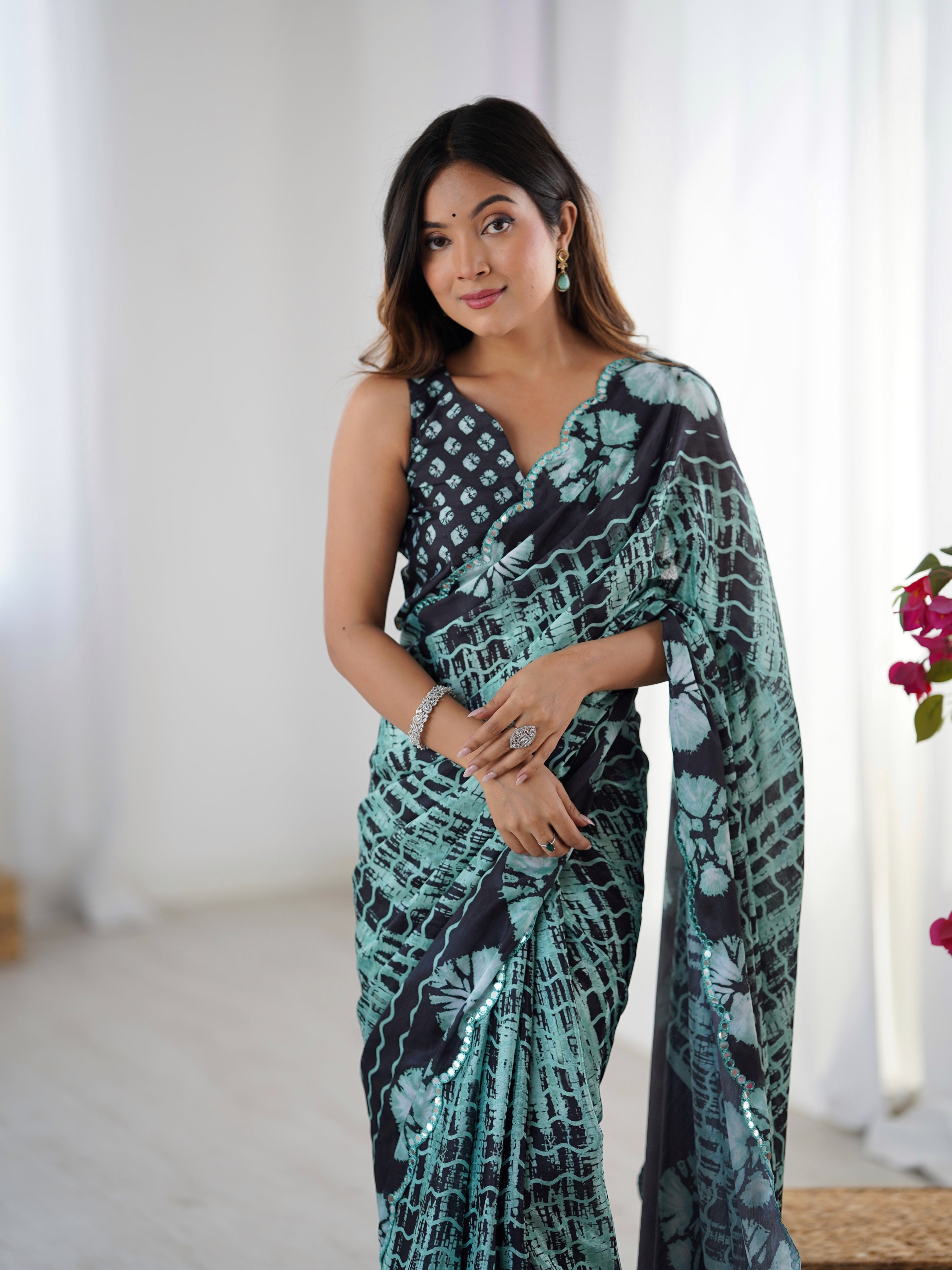 Jyoti Fashion Women's Sea Green Chinon Digital Printed Designer Saree with Blouse - Distacart