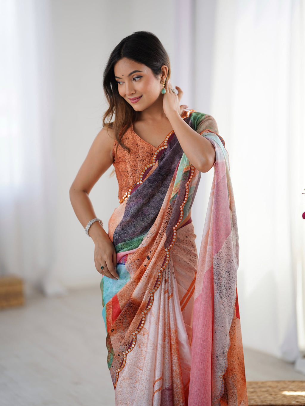 Jyoti Fashion Women's Multicolor Chinon Digital Printed Designer Saree with Blouse - Distacart