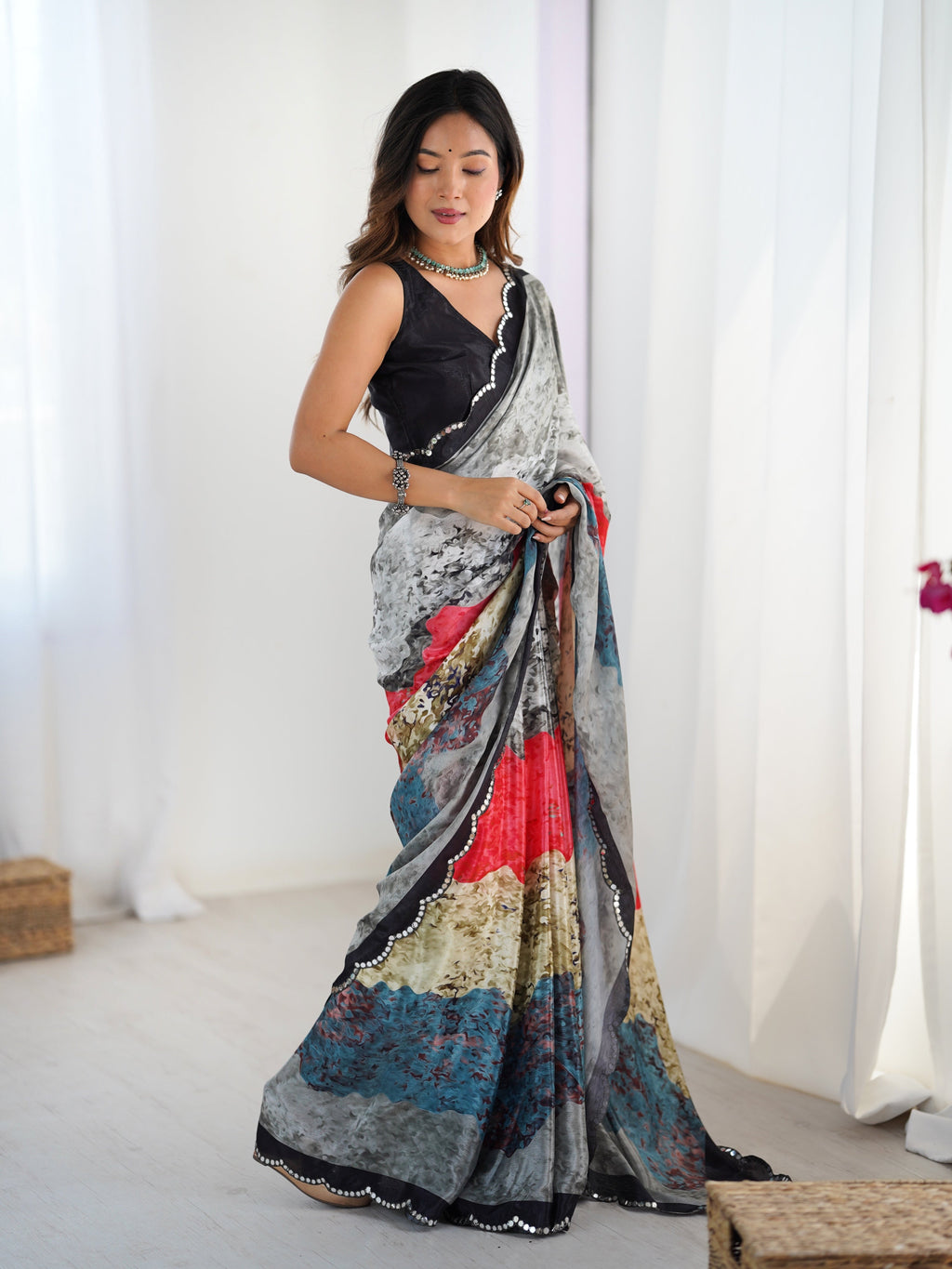 Jyoti Fashion Women's Multicolor Chinon Digital Printed Designer Saree with Blouse - Distacart