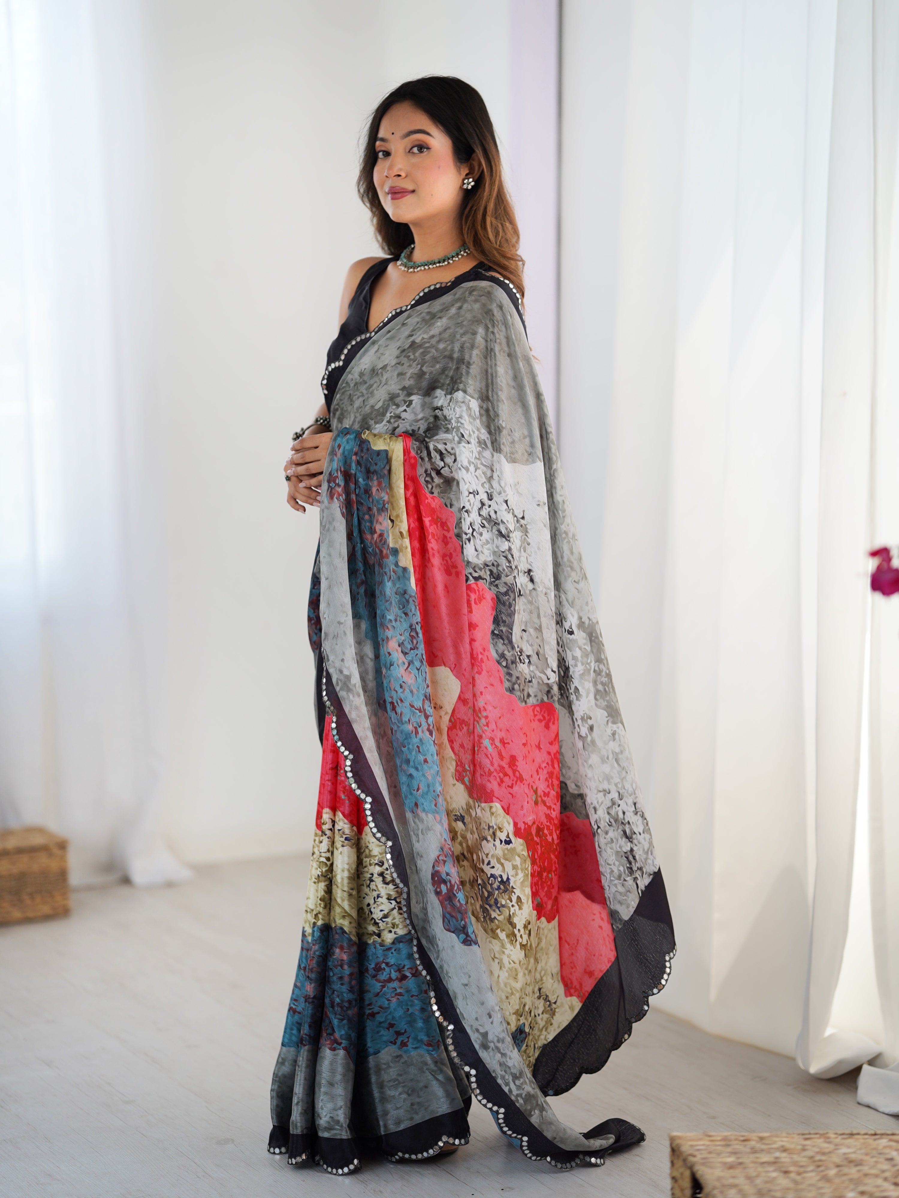 Jyoti Fashion Women's Multicolor Chinon Digital Printed Designer Saree with Blouse - Distacart