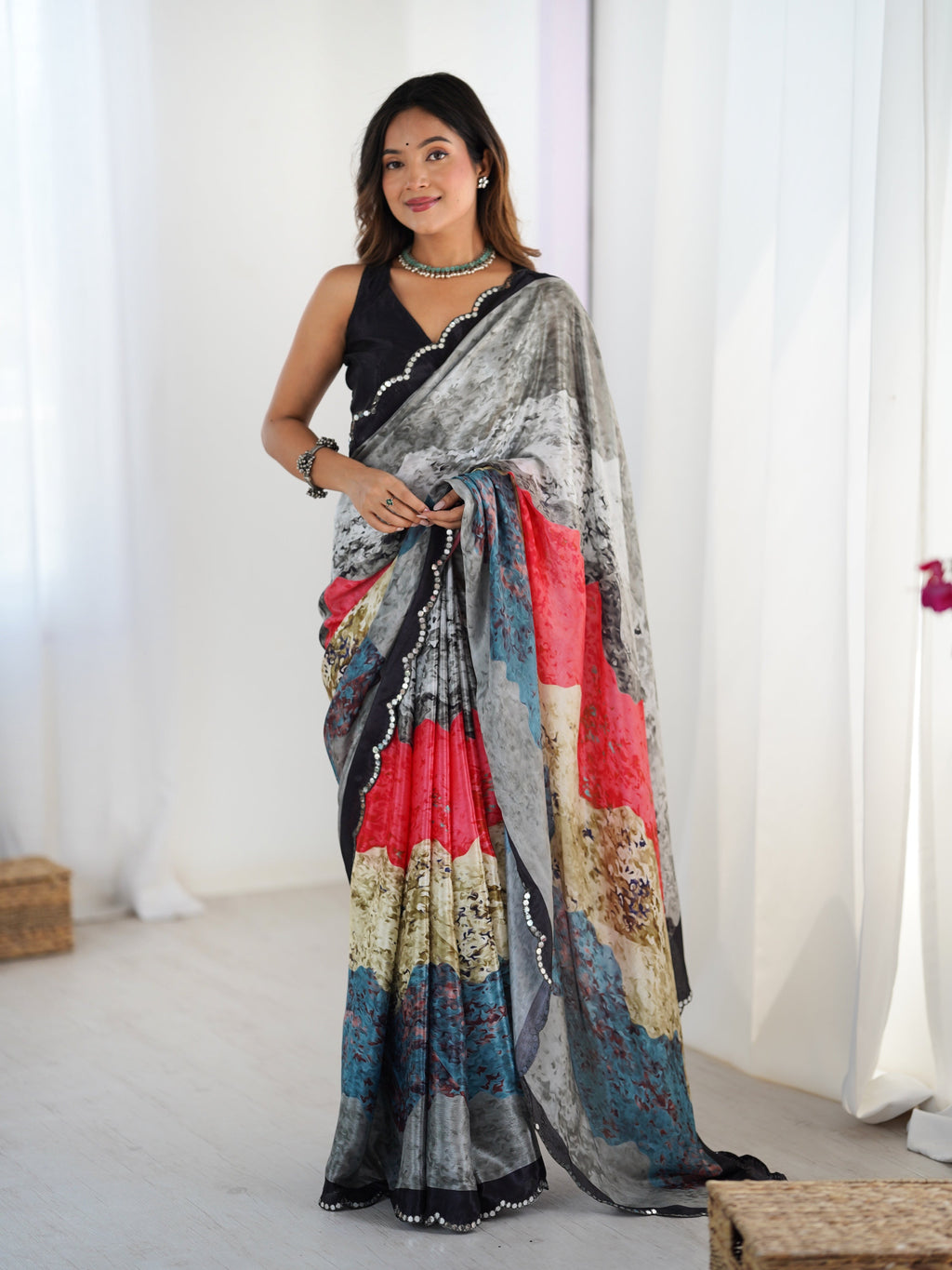 Jyoti Fashion Women's Multicolor Chinon Digital Printed Designer Saree with Blouse - Distacart
