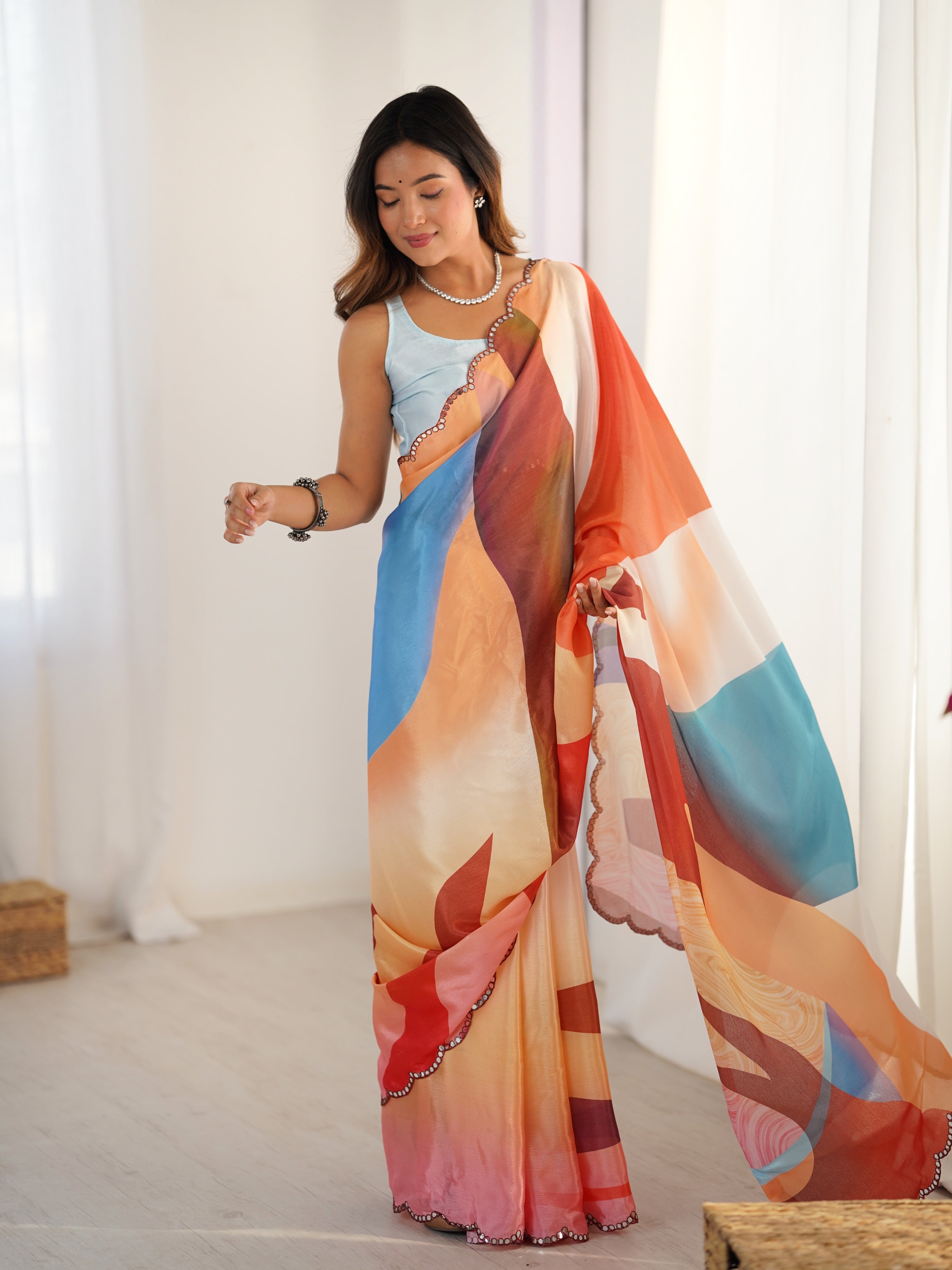 Jyoti Fashion Women's Multicolor Chinon Digital Printed Designer Saree with Blouse - Distacart
