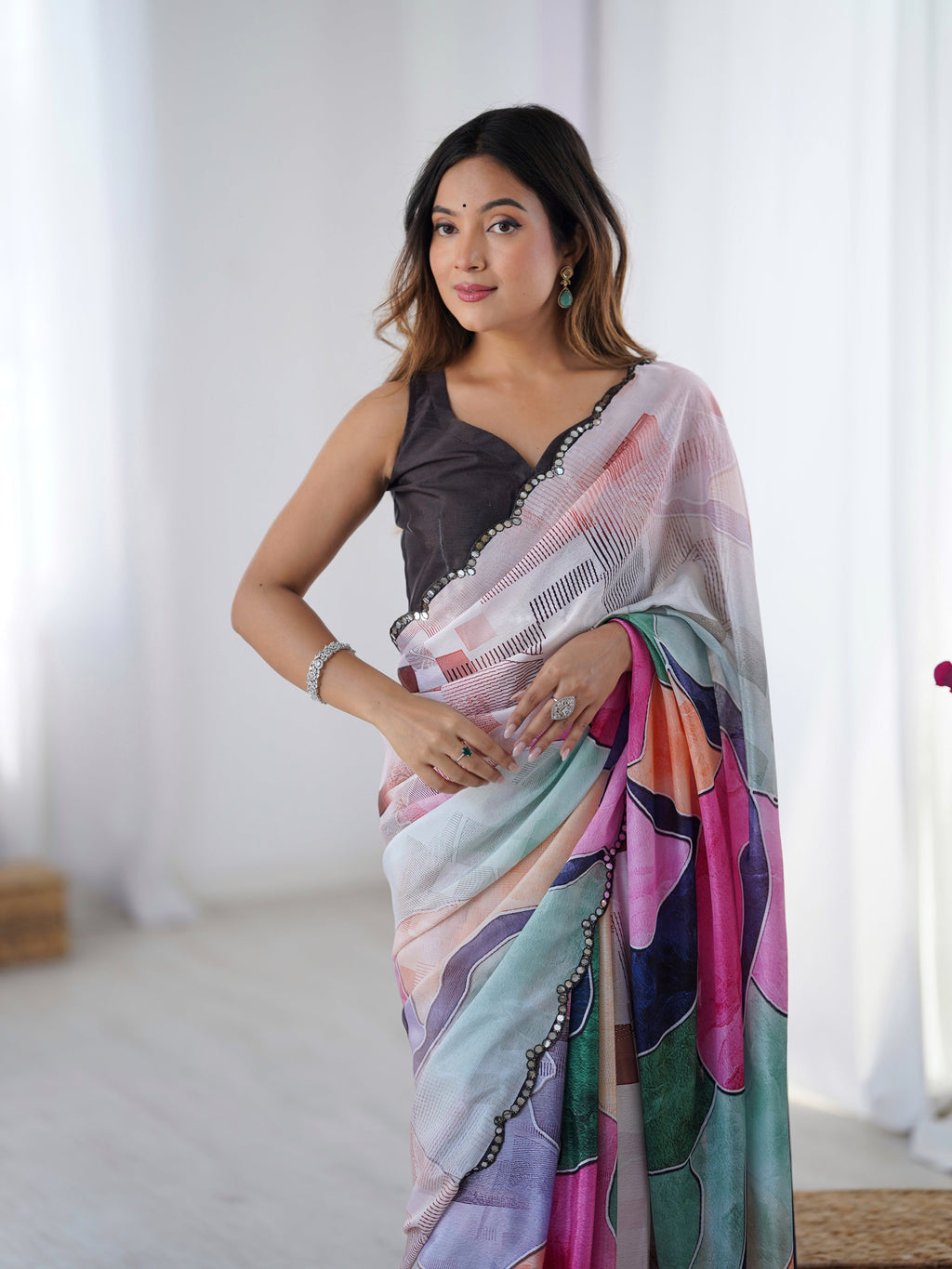 Jyoti Fashion Women's Multicolor Chinon Digital Printed Designer Saree with Blouse - Distacart