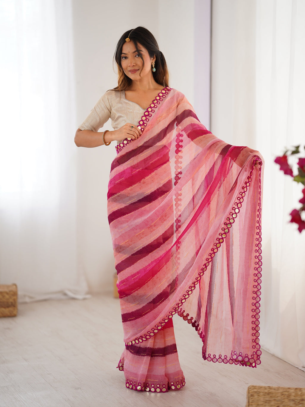 Jyoti Fashion Women's Pink Chinon Leriya Zari Printed Designer Saree with Blouse - Distacart