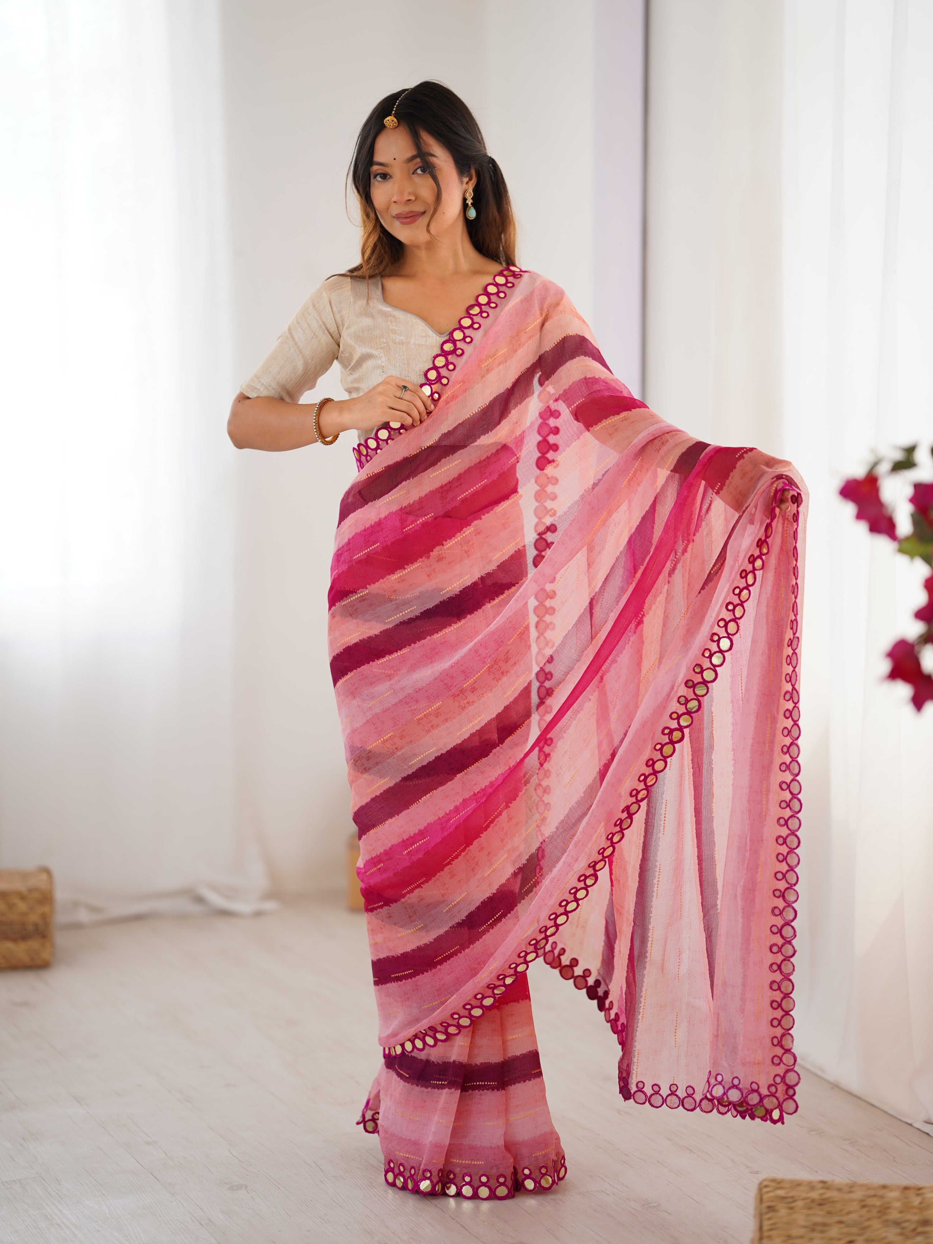 Jyoti Fashion Women's Pink Chinon Leriya Zari Printed Designer Saree with Blouse - Distacart