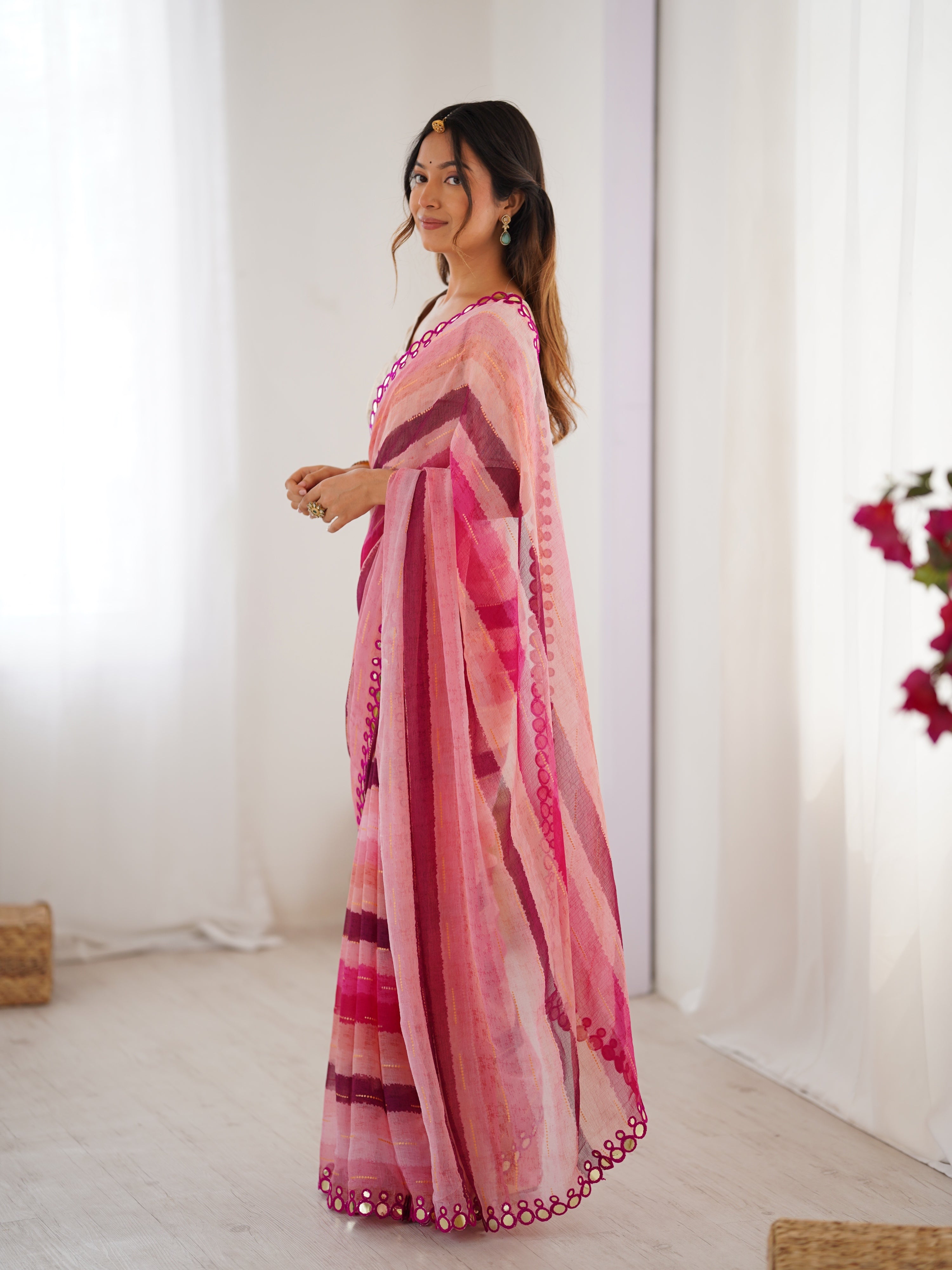 Jyoti Fashion Women's Pink Chinon Leriya Zari Printed Designer Saree with Blouse - Distacart