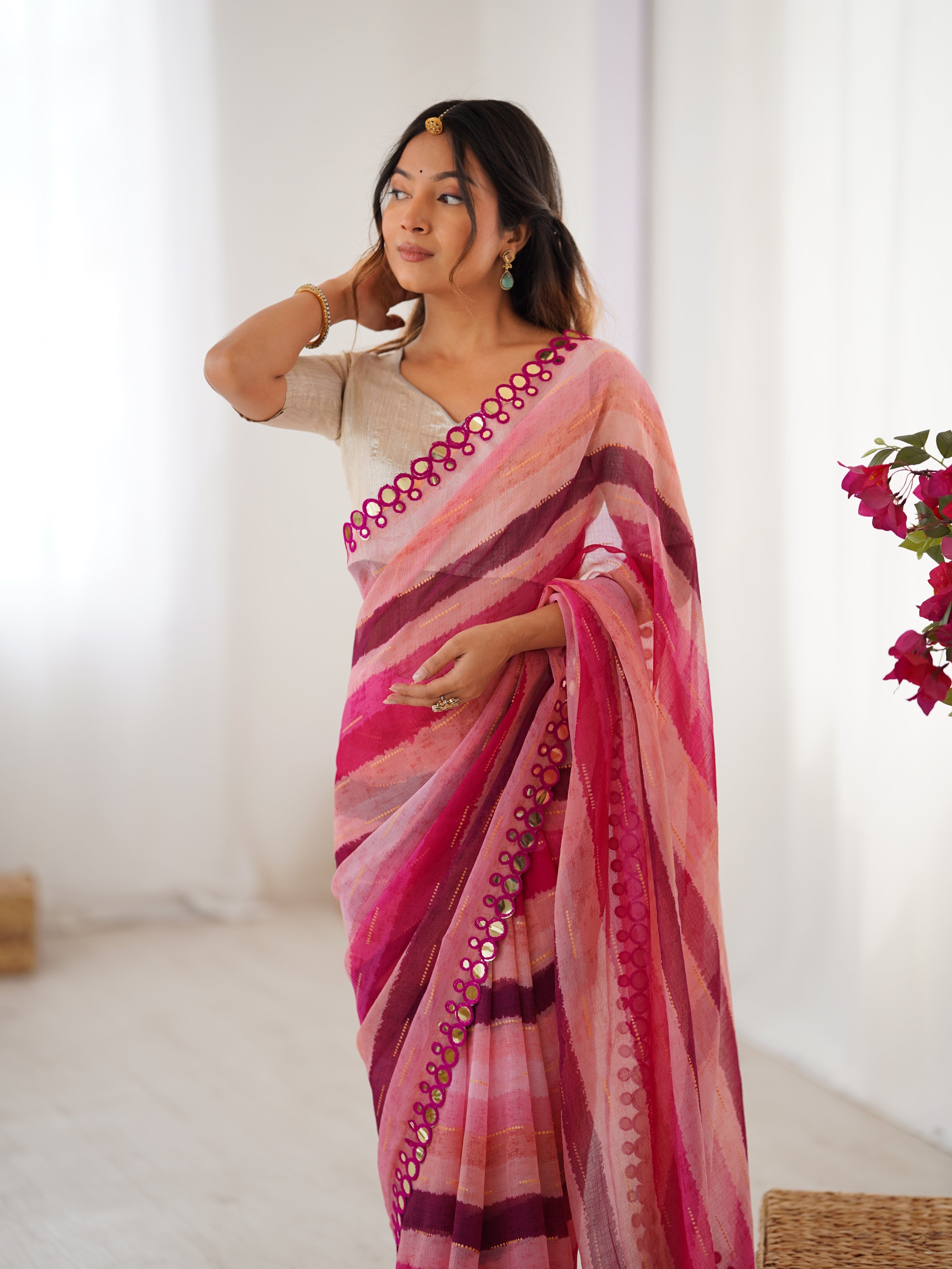 Jyoti Fashion Women's Pink Chinon Leriya Zari Printed Designer Saree with Blouse - Distacart
