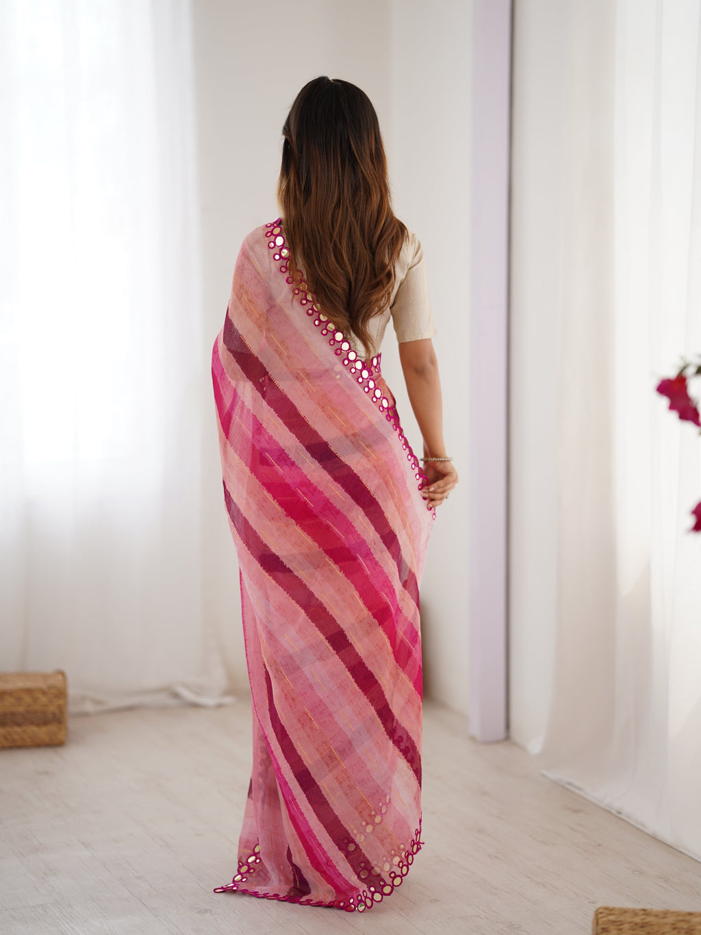 Jyoti Fashion Women's Pink Chinon Leriya Zari Printed Designer Saree with Blouse - Distacart