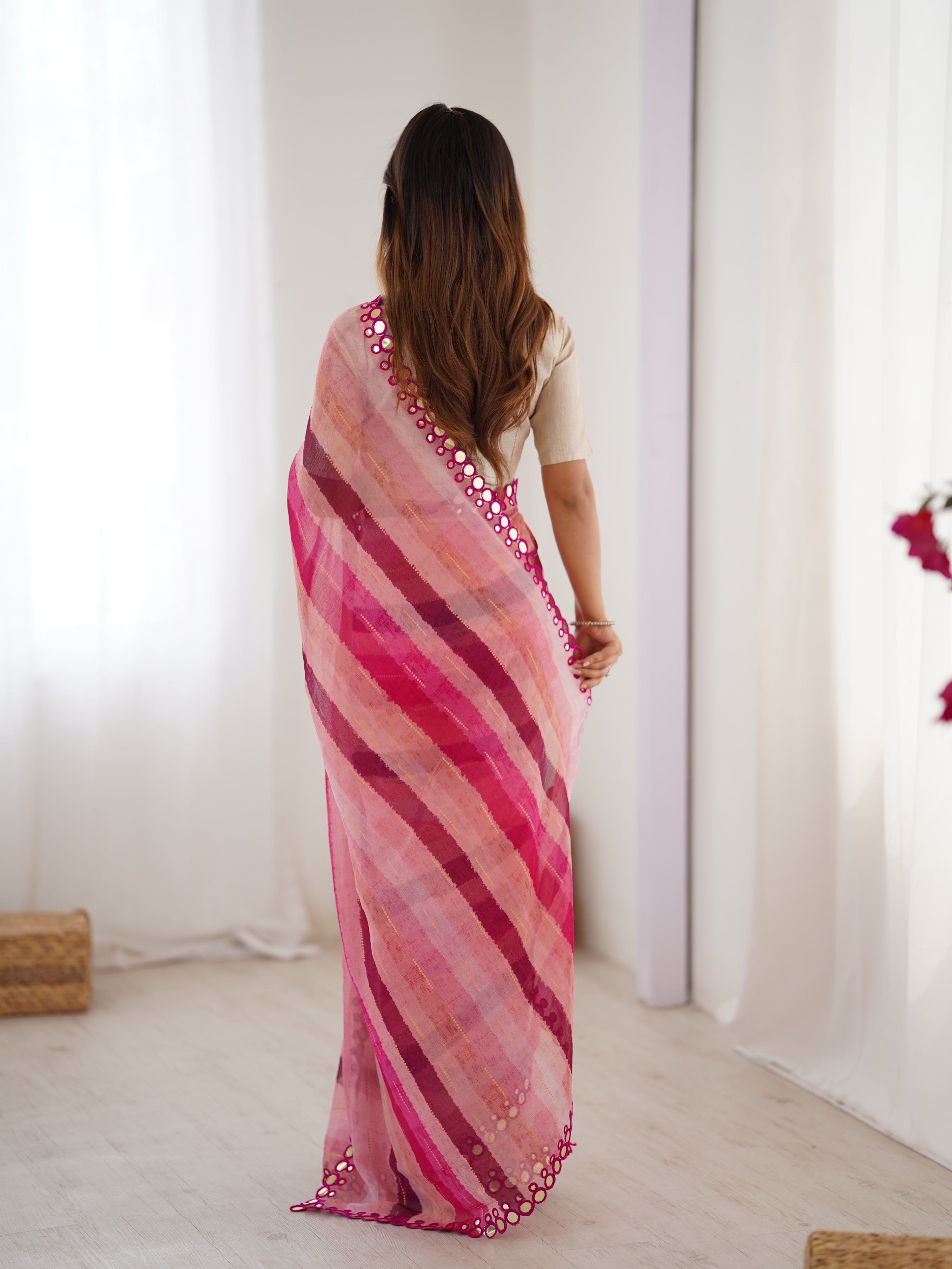 Jyoti Fashion Women's Pink Chinon Leriya Zari Printed Designer Saree with Blouse - Distacart