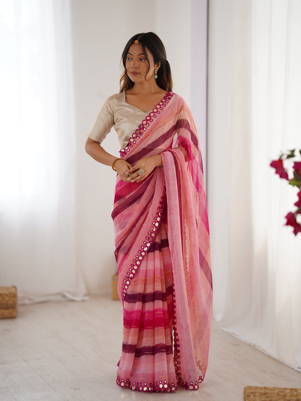 Jyoti Fashion Women's Pink Chinon Leriya Zari Printed Designer Saree with Blouse - Distacart