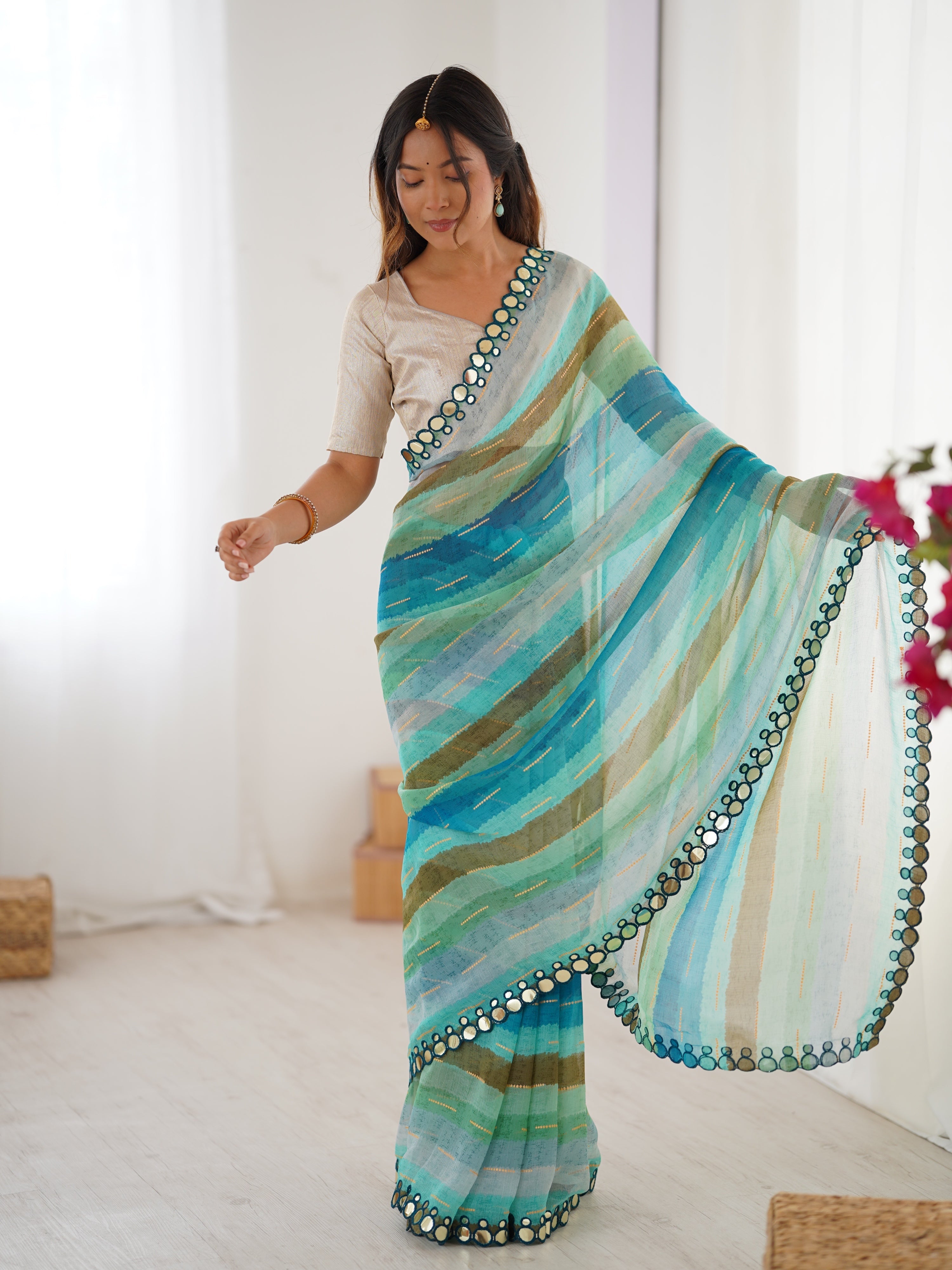 Jyoti Fashion Women's Sky Blue Chinon Leriya Zari Printed Designer Saree with Blouse - Distacart