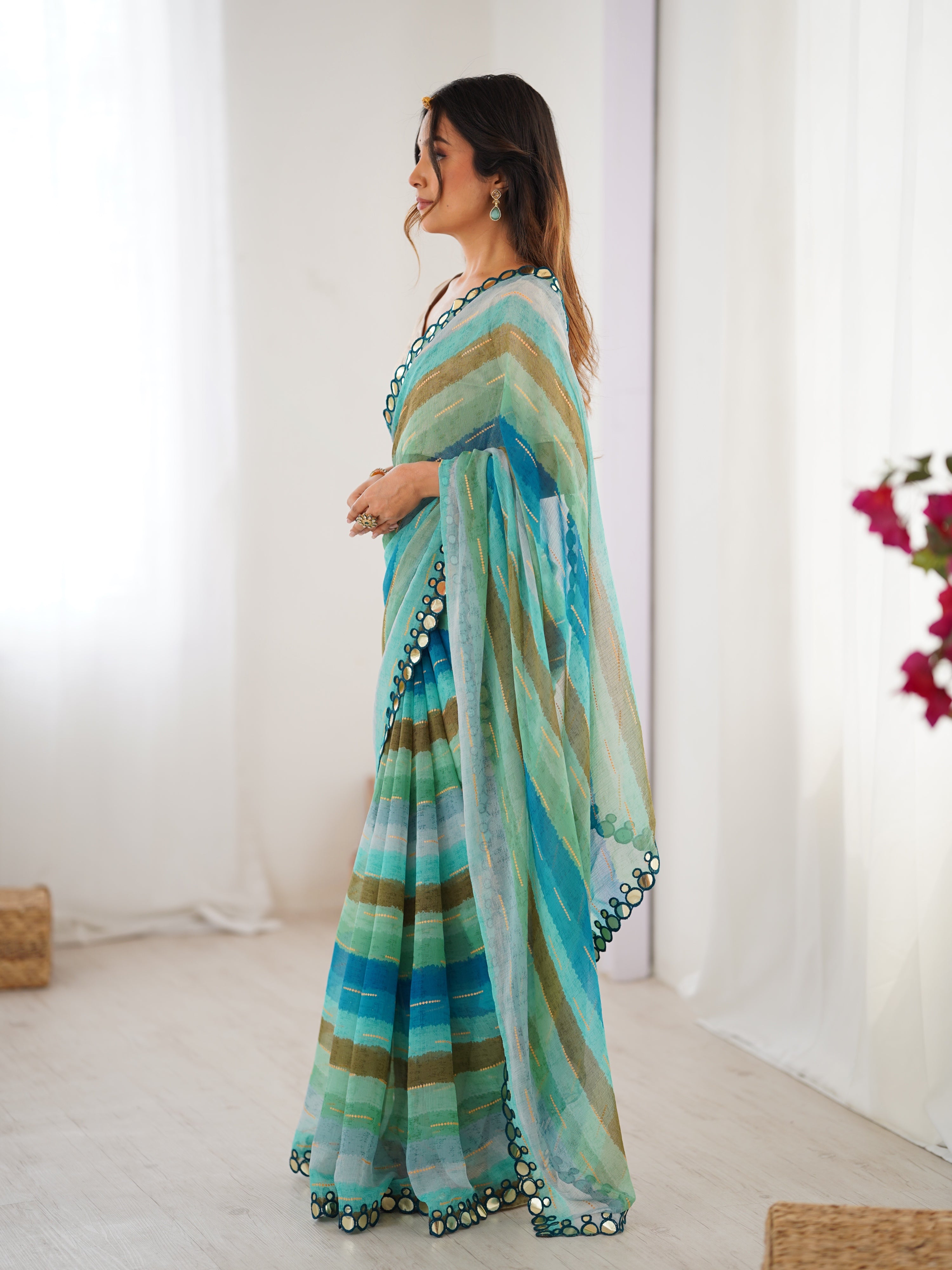 Jyoti Fashion Women's Sky Blue Chinon Leriya Zari Printed Designer Saree with Blouse - Distacart