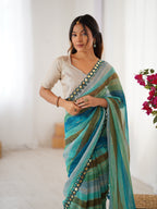 Jyoti Fashion Women's Sky Blue Chinon Leriya Zari Printed Designer Saree with Blouse - Distacart