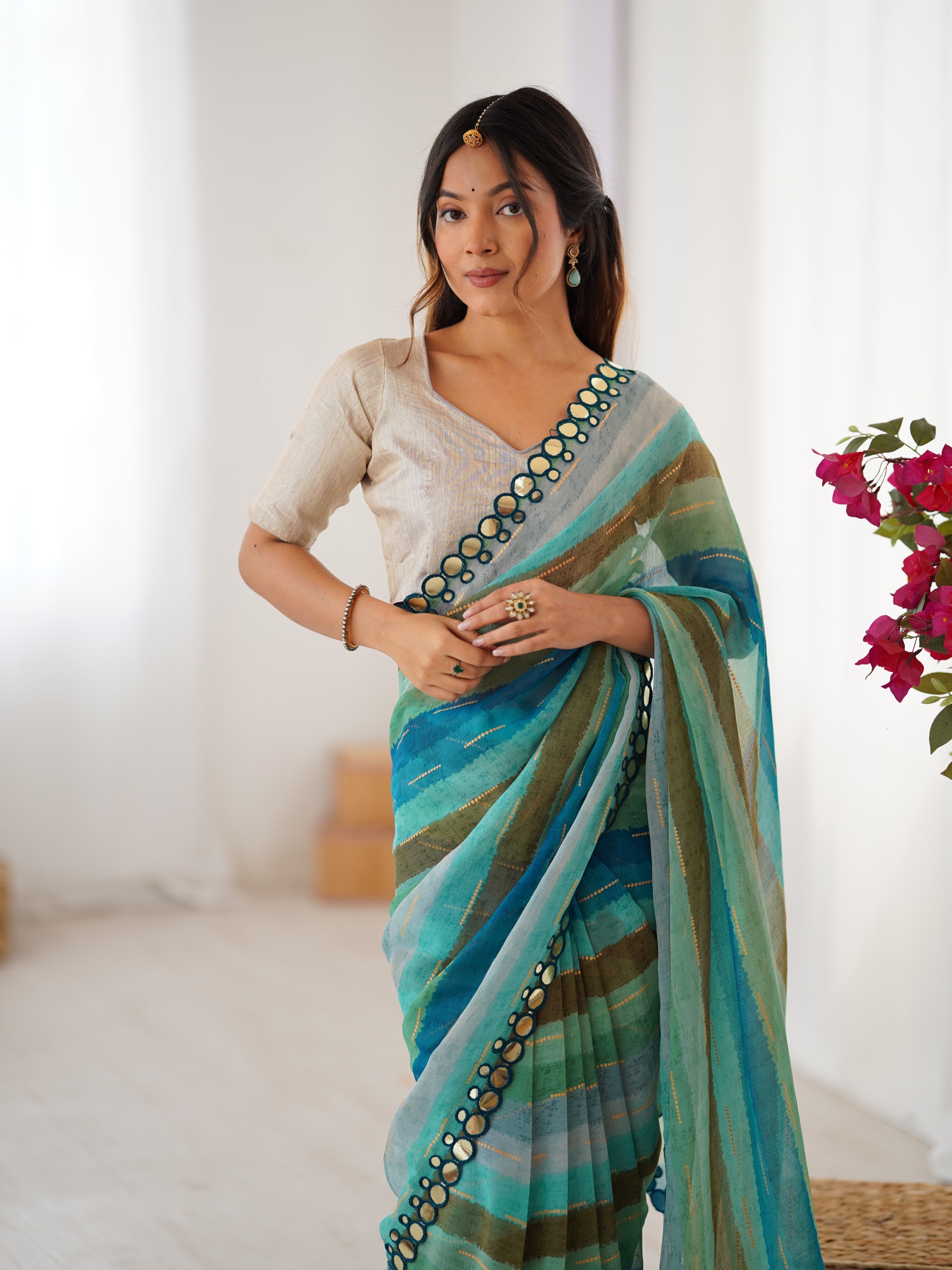 Jyoti Fashion Women's Sky Blue Chinon Leriya Zari Printed Designer Saree with Blouse - Distacart