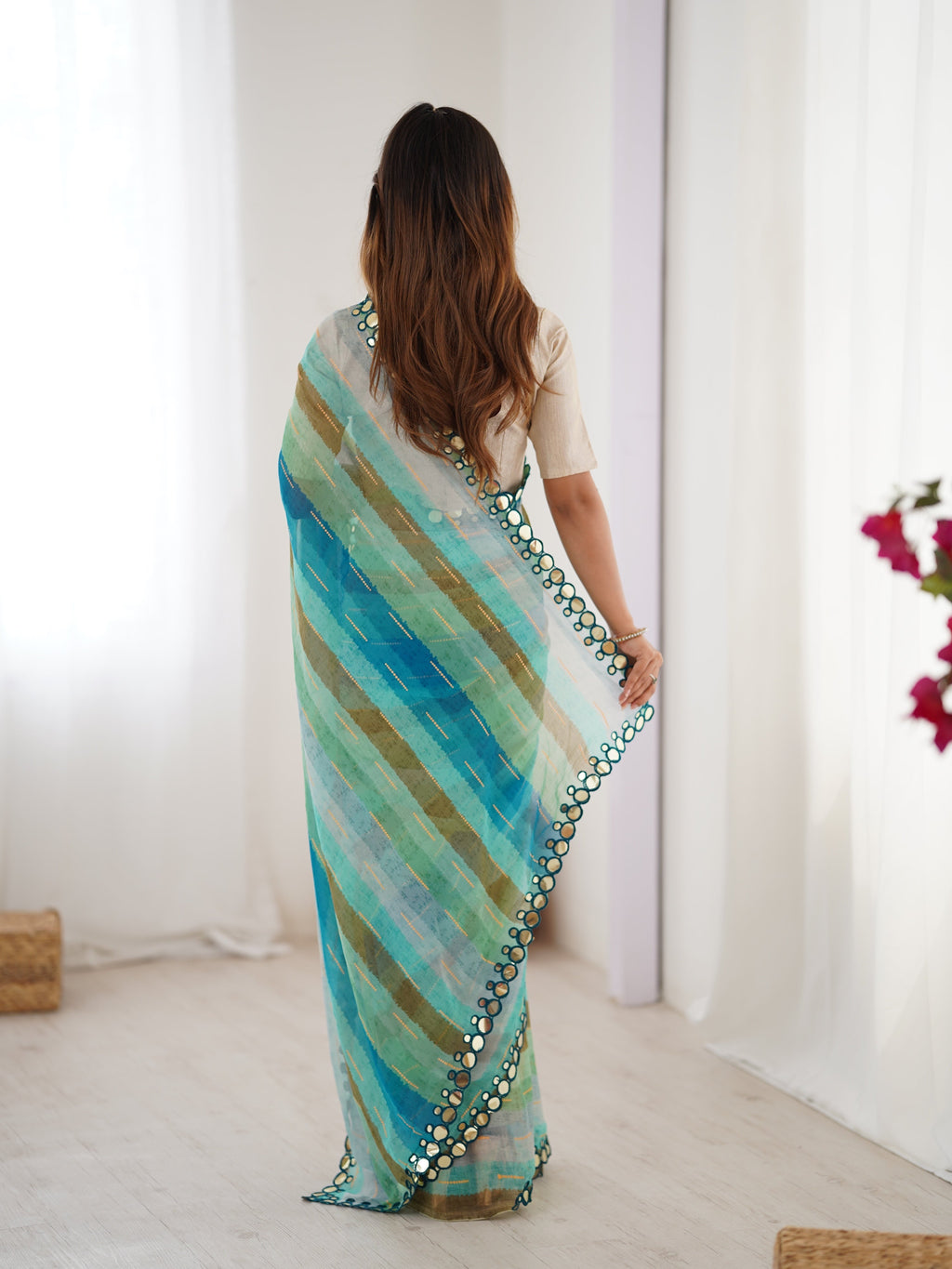 Jyoti Fashion Women's Sky Blue Chinon Leriya Zari Printed Designer Saree with Blouse - Distacart