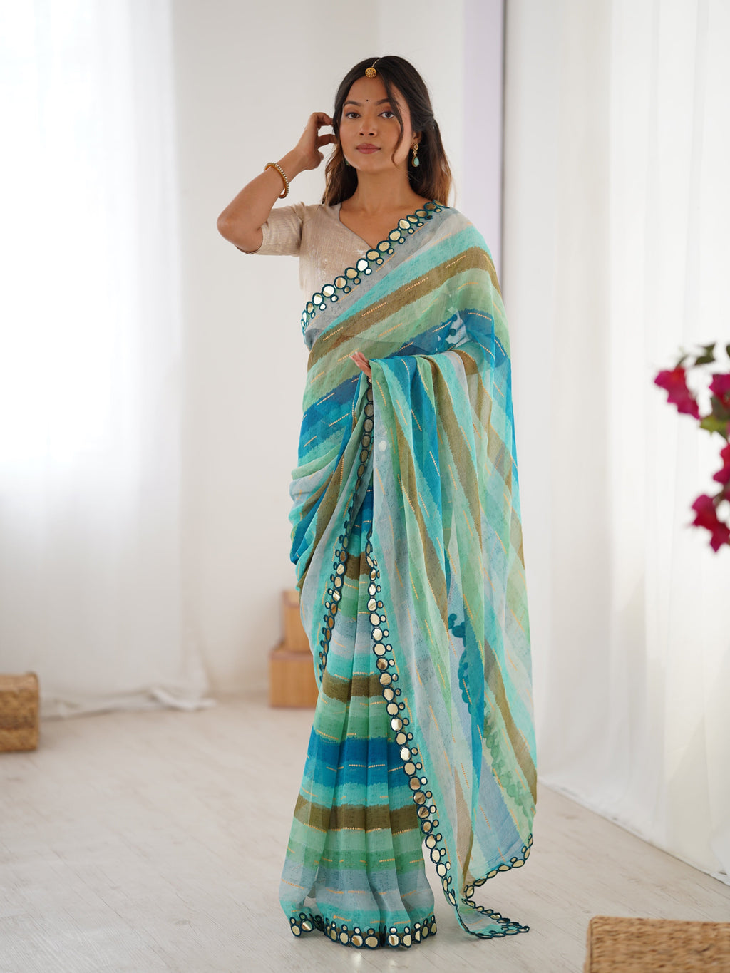 Jyoti Fashion Women's Sky Blue Chinon Leriya Zari Printed Designer Saree with Blouse - Distacart