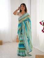 Jyoti Fashion Women's Sky Blue Chinon Leriya Zari Printed Designer Saree with Blouse - Distacart