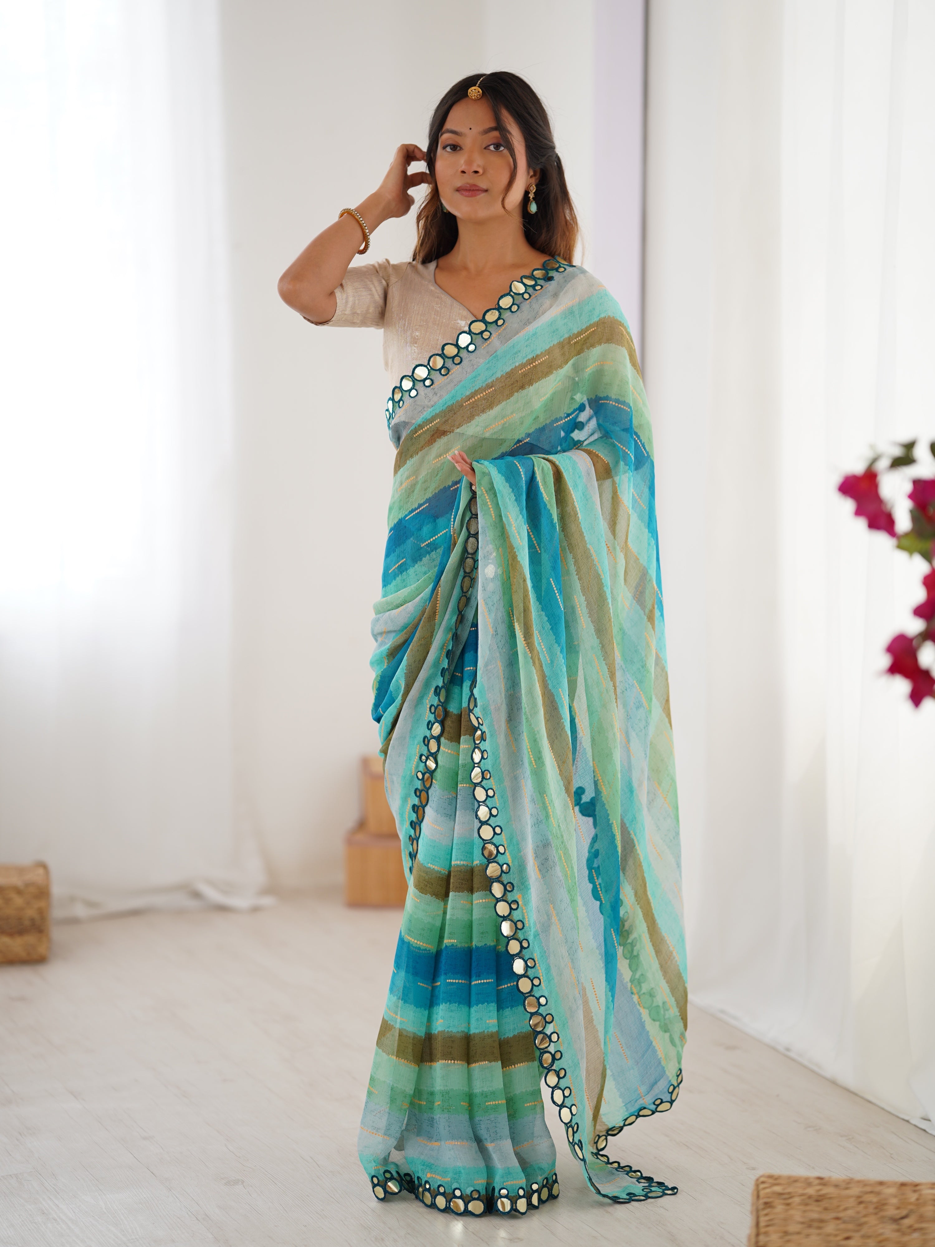Jyoti Fashion Women's Sky Blue Chinon Leriya Zari Printed Designer Saree with Blouse - Distacart
