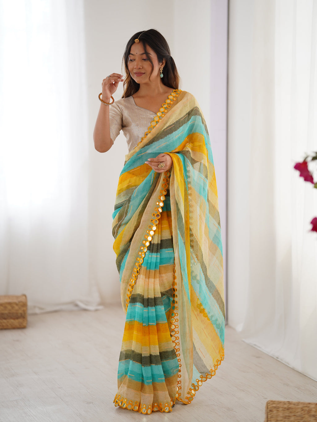 Jyoti Fashion Women's Yellow Chinon Leriya Zari Printed Designer Saree with Blouse - Distacart