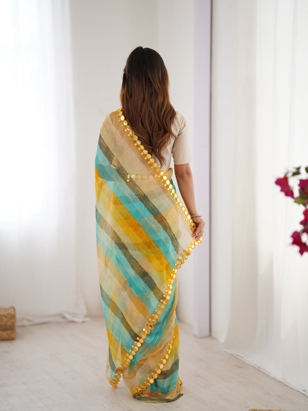 Jyoti Fashion Women's Yellow Chinon Leriya Zari Printed Designer Saree with Blouse - Distacart