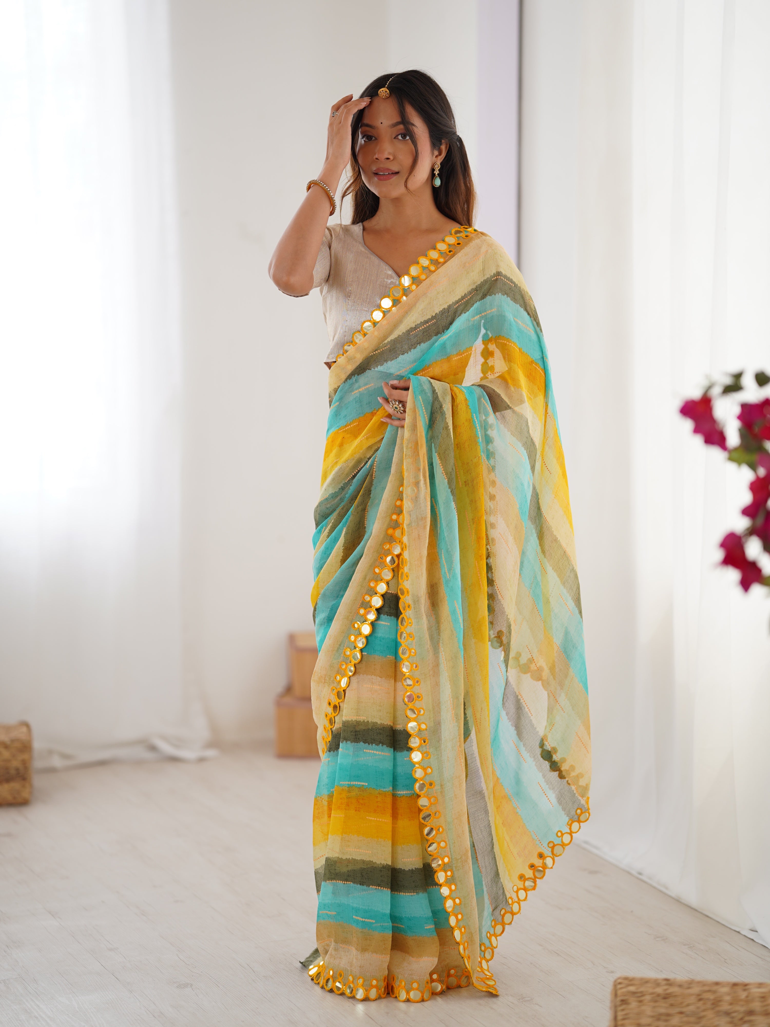 Jyoti Fashion Women's Yellow Chinon Leriya Zari Printed Designer Saree with Blouse - Distacart