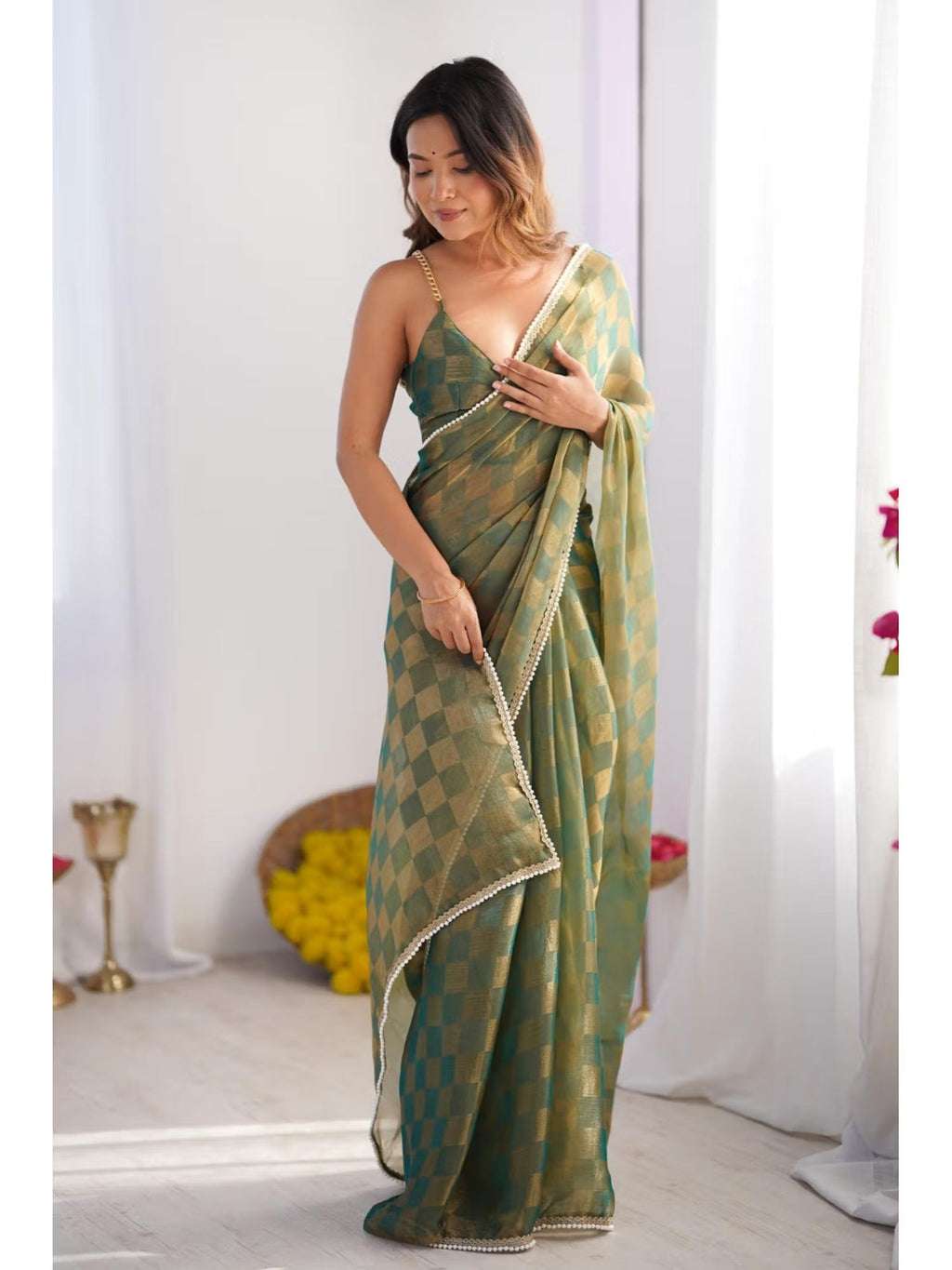 Jyoti Fashion Women's Mehendi Box Chiffon Moti Lace Border Designer Saree with Blouse - Distacart