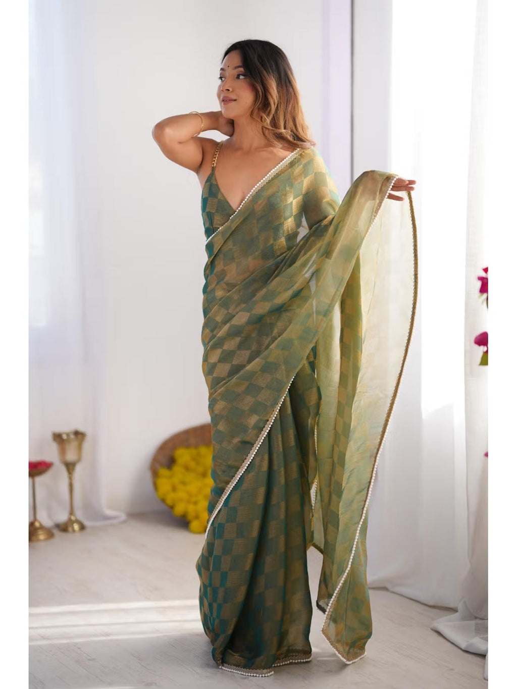 Jyoti Fashion Women's Mehendi Box Chiffon Moti Lace Border Designer Saree with Blouse - Distacart