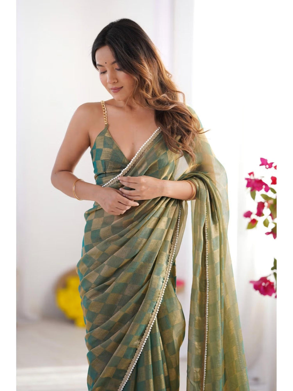 Jyoti Fashion Women's Mehendi Box Chiffon Moti Lace Border Designer Saree with Blouse - Distacart