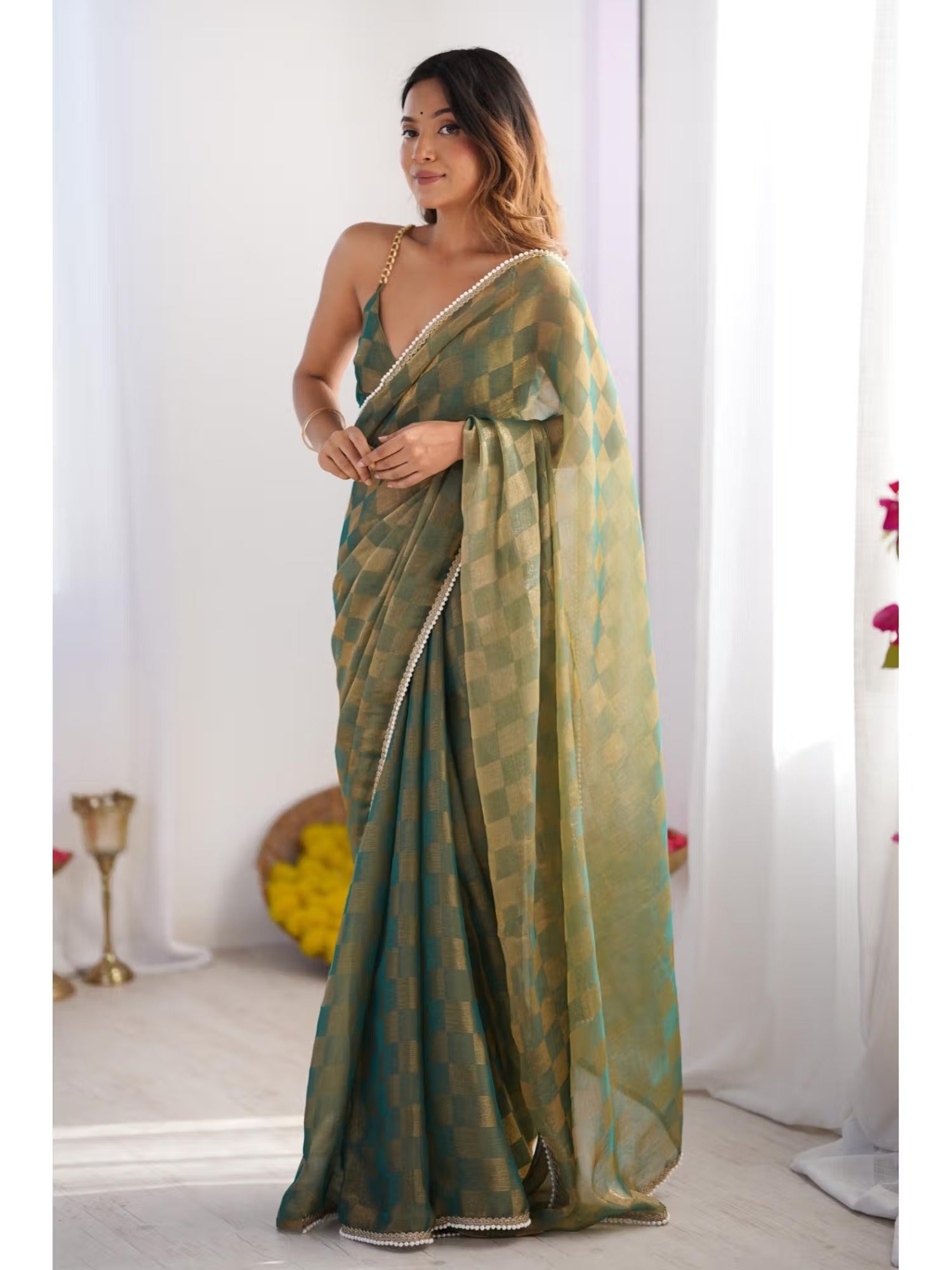 Jyoti Fashion Women's Mehendi Box Chiffon Moti Lace Border Designer Saree with Blouse - Distacart