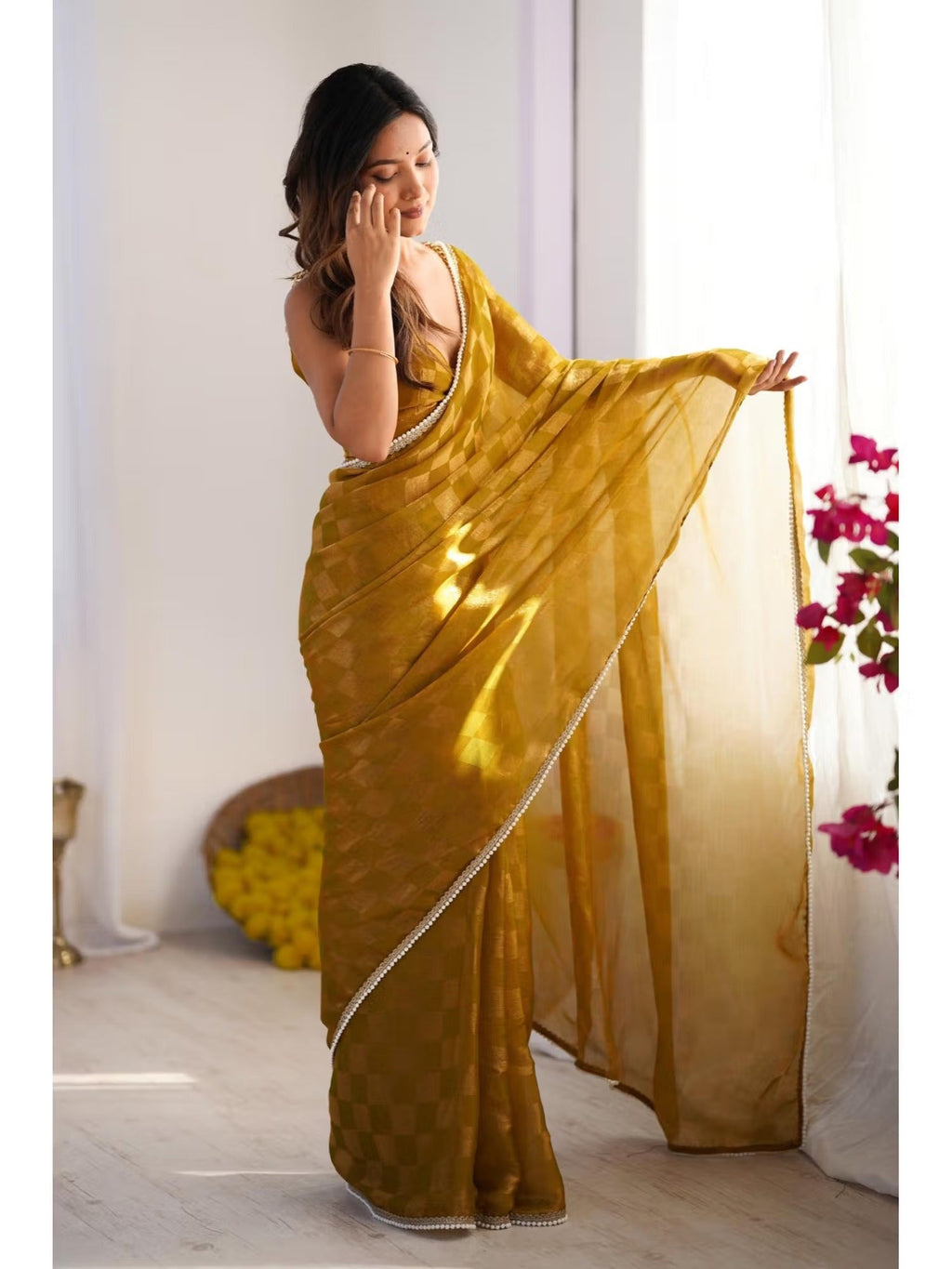 Jyoti Fashion Women's Mustard Box Chiffon Moti Lace Border Designer Saree with Blouse - Distacart
