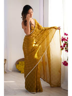 Jyoti Fashion Women's Mustard Box Chiffon Moti Lace Border Designer Saree with Blouse - Distacart