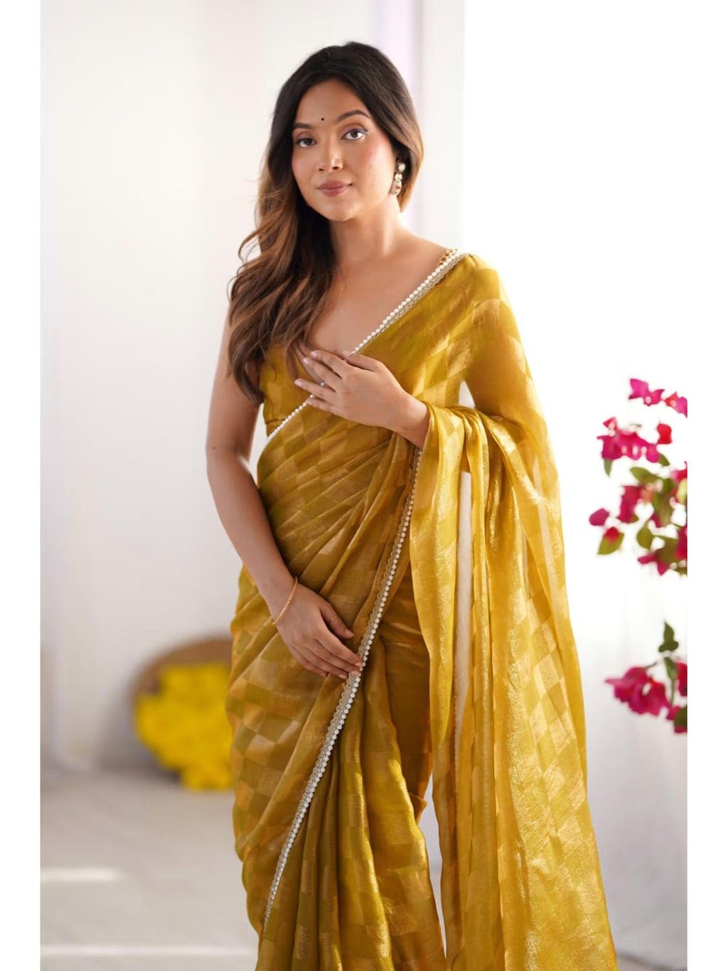 Jyoti Fashion Women's Mustard Box Chiffon Moti Lace Border Designer Saree with Blouse - Distacart