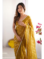 Jyoti Fashion Women's Mustard Box Chiffon Moti Lace Border Designer Saree with Blouse - Distacart