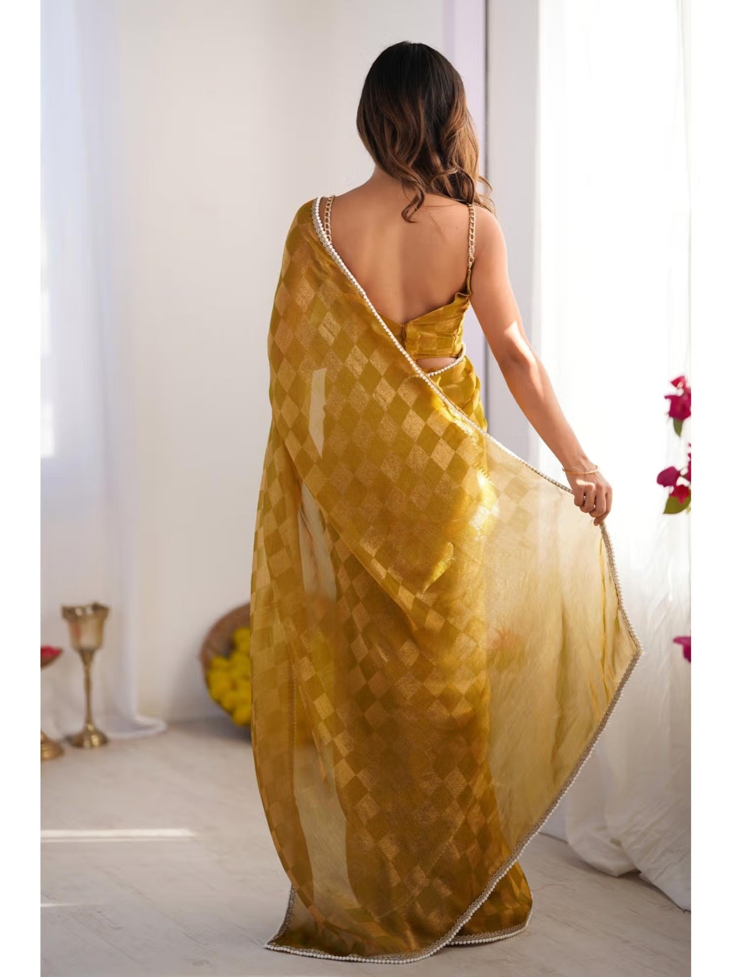 Jyoti Fashion Women's Mustard Box Chiffon Moti Lace Border Designer Saree with Blouse - Distacart