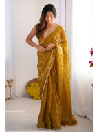 Jyoti Fashion Women's Mustard Box Chiffon Moti Lace Border Designer Saree with Blouse - Distacart