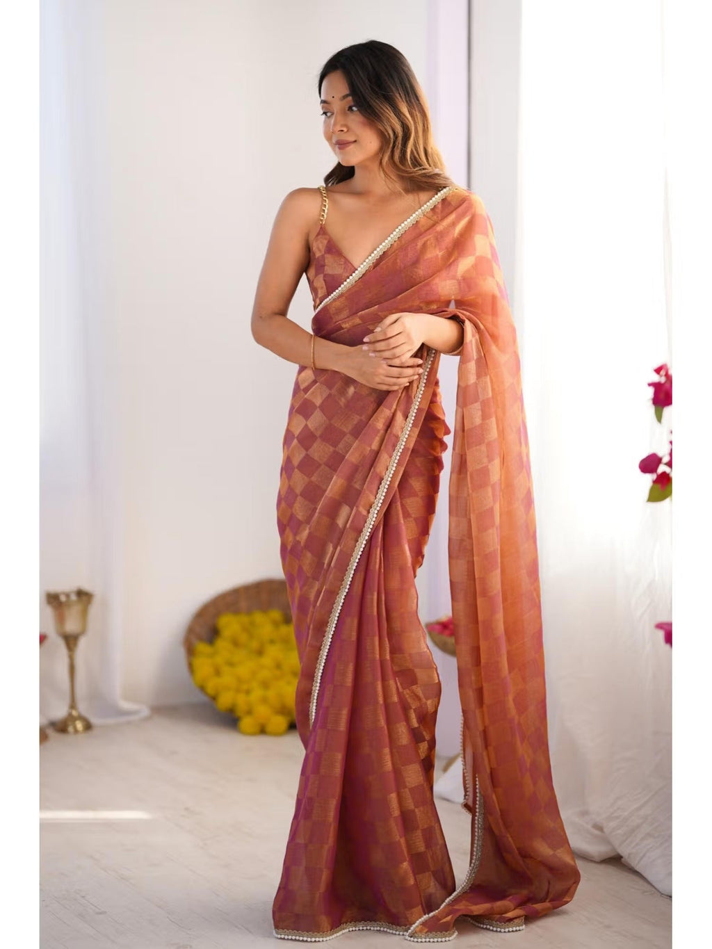 Jyoti Fashion Women's Brown Box Chiffon Moti Lace Border Designer Saree with Blouse - Distacart