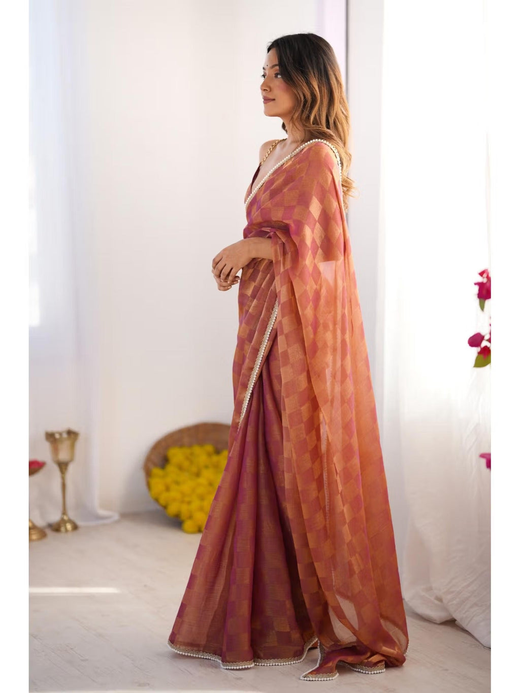 Jyoti Fashion Women's Brown Box Chiffon Moti Lace Border Designer Saree with Blouse - Distacart