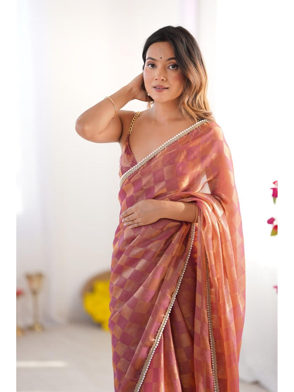 Jyoti Fashion Women's Brown Box Chiffon Moti Lace Border Designer Saree with Blouse - Distacart