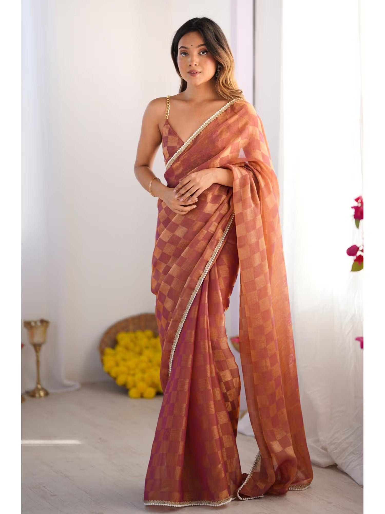 Jyoti Fashion Women's Brown Box Chiffon Moti Lace Border Designer Saree with Blouse - Distacart