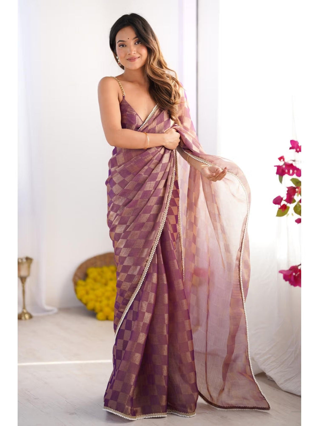 Jyoti Fashion Women's Purple Box Chiffon Moti Lace Border Designer Saree with Blouse - Distacart