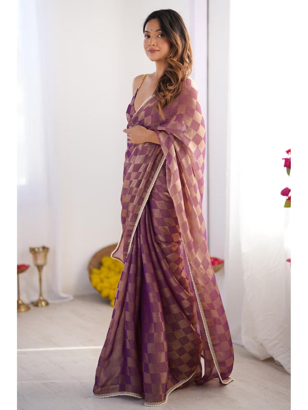 Jyoti Fashion Women's Purple Box Chiffon Moti Lace Border Designer Saree with Blouse - Distacart