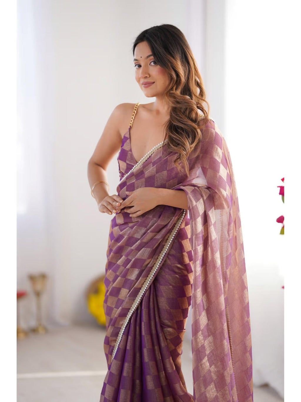 Jyoti Fashion Women's Purple Box Chiffon Moti Lace Border Designer Saree with Blouse - Distacart