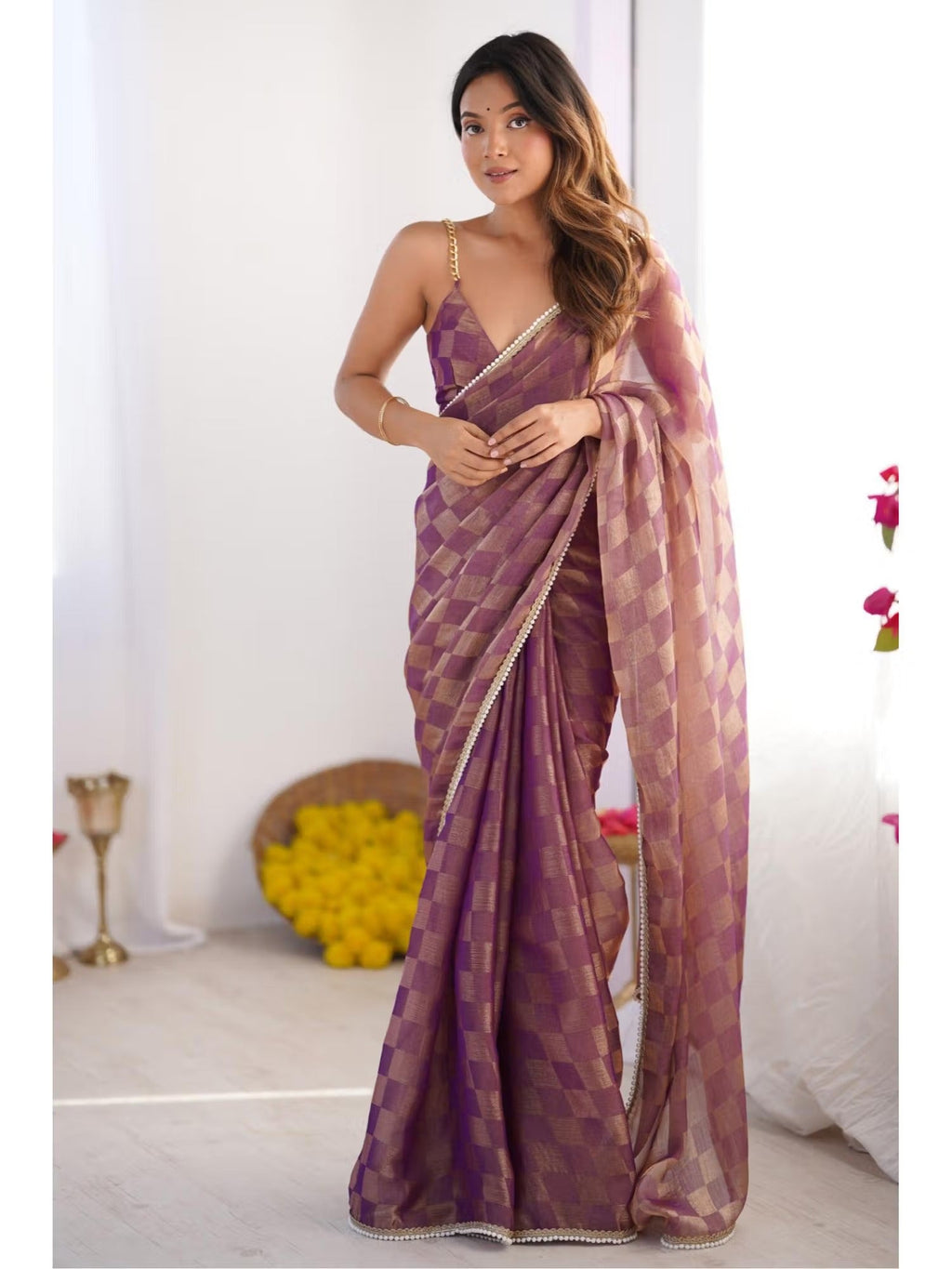 Jyoti Fashion Women's Purple Box Chiffon Moti Lace Border Designer Saree with Blouse - Distacart