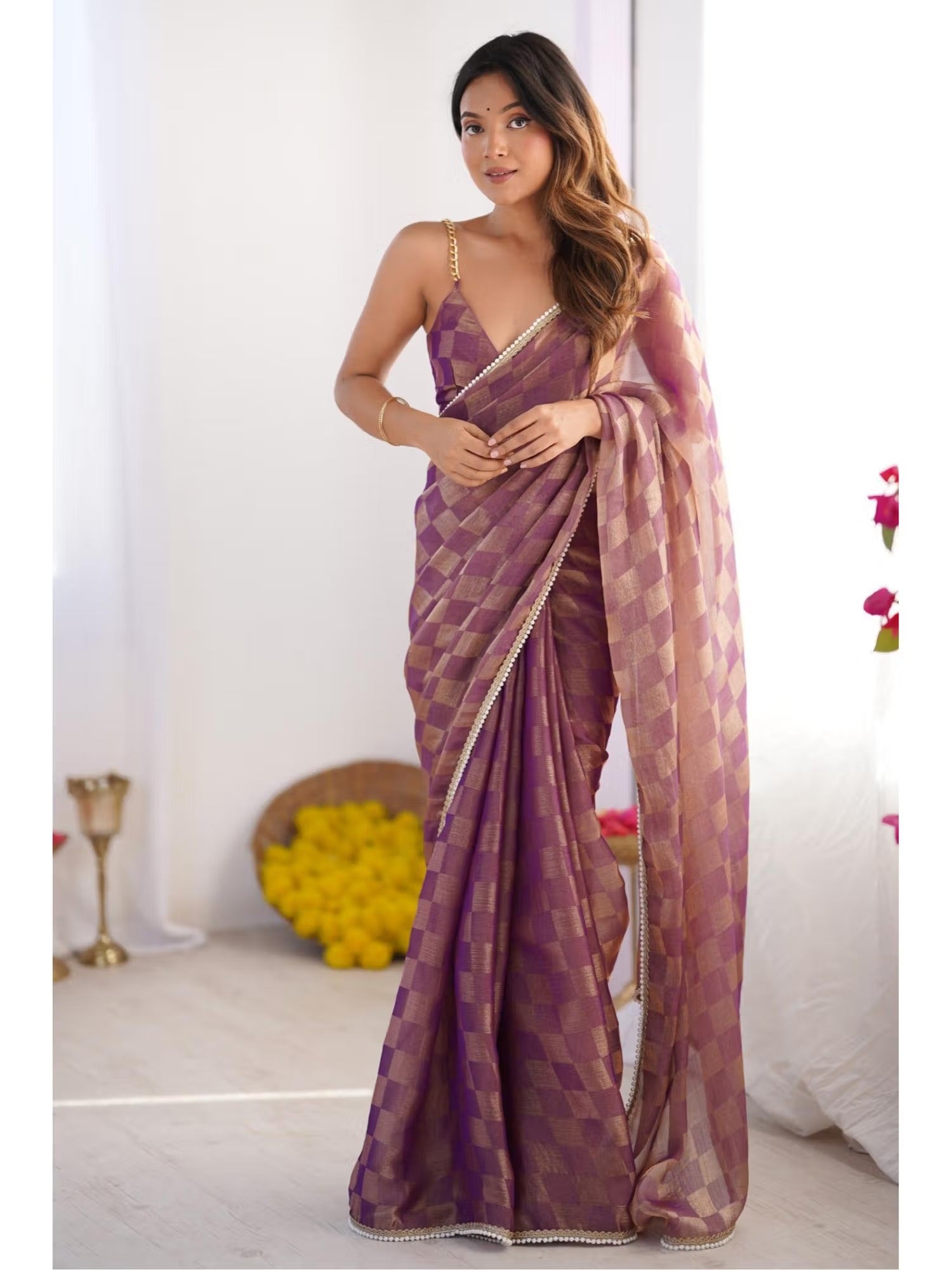 Jyoti Fashion Women's Purple Box Chiffon Moti Lace Border Designer Saree with Blouse - Distacart