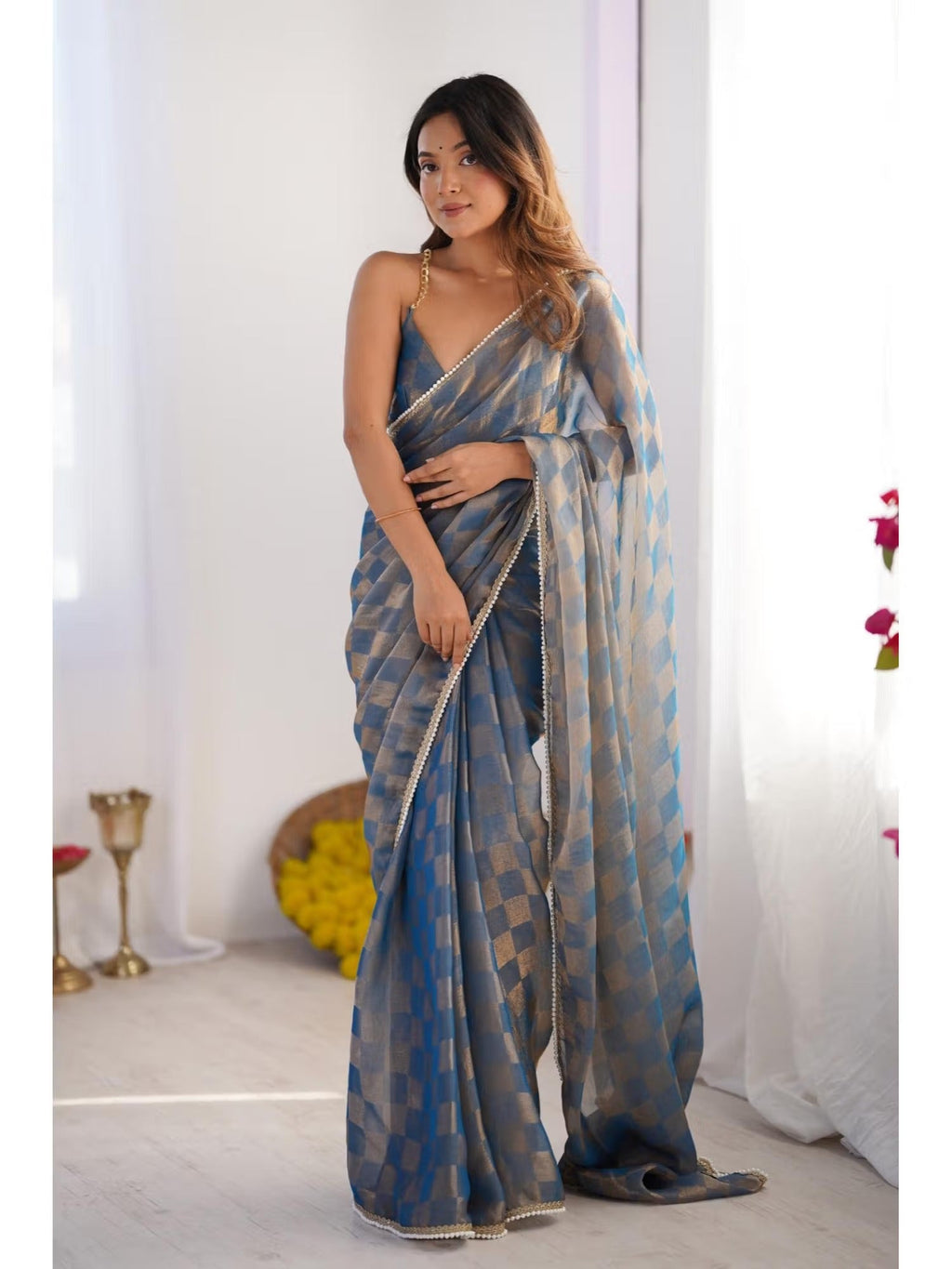 Jyoti Fashion Women's Blue Box Chiffon Moti Lace Border Designer Saree with Blouse - Distacart