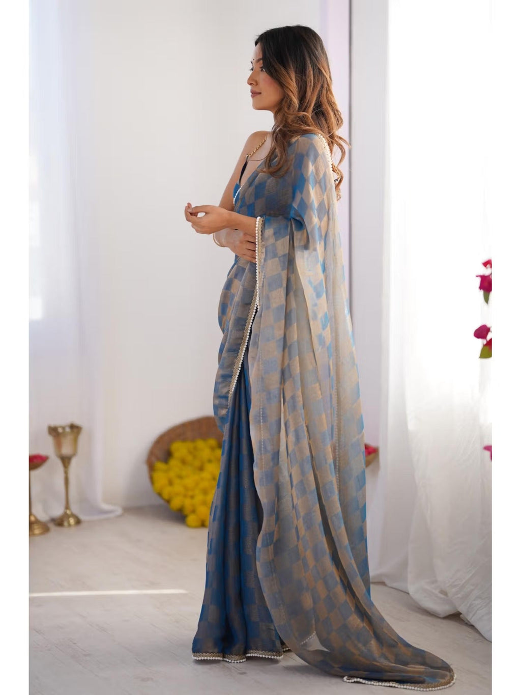 Jyoti Fashion Women's Blue Box Chiffon Moti Lace Border Designer Saree with Blouse - Distacart