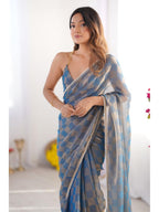 Jyoti Fashion Women's Blue Box Chiffon Moti Lace Border Designer Saree with Blouse - Distacart