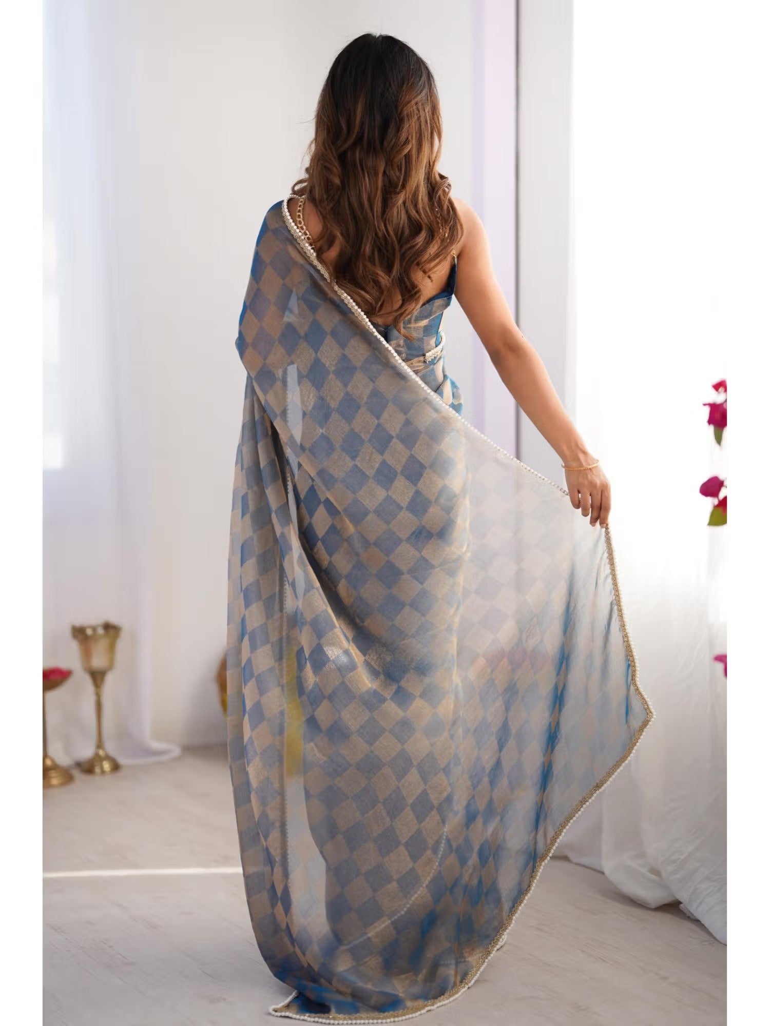 Jyoti Fashion Women's Blue Box Chiffon Moti Lace Border Designer Saree with Blouse - Distacart